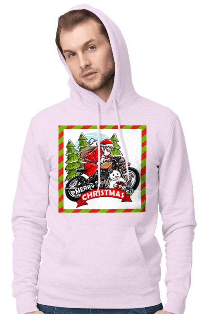 Men`s hoodie with prints Santa on a motorcycle. Christmas, motorcycle, new year, presents, santa, snowman, tree. 2070702