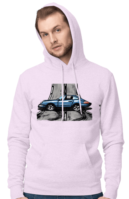 Чоловіче худі з принтом "Спортивний Автомобіль На Дорозі". Автомобіль, гонки, синій, спортиного, швидкий, швидкісний. 2070702