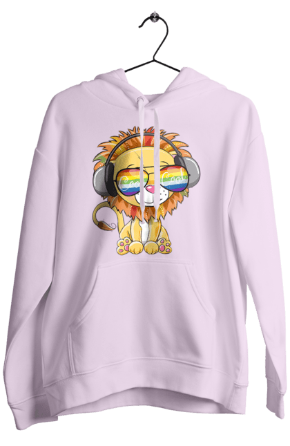 Men`s hoodie with prints Lion In Glasses And Headphones. Glasses, headphones, lion cub. 2070702