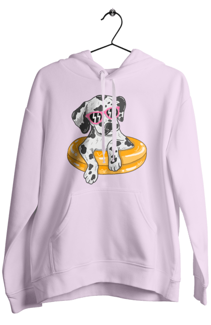 Men`s hoodie with prints Dalmatian Swims In A Circle. Dalmatian, dog, glasses, to swim. 2070702
