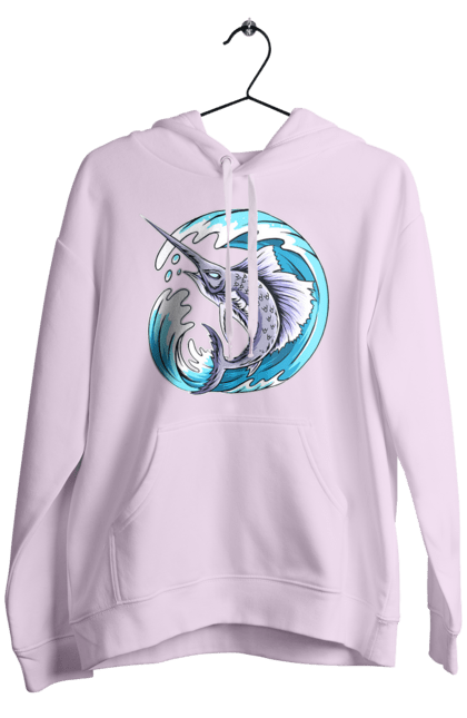Men`s hoodie with prints Fish Sword And Wave. Swordfish, wave. 2070702