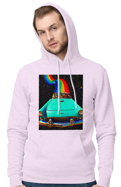 Чоловіче худі з принтом "Картина, машина у космосі". Веселка, картина, космос, машина, подорожі, поїздка, прикол, ретро. 2070702