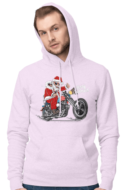 Чоловіче худі з принтом "Санта в окулярах на мотоциклі". Байкер, дід мороз, зима, мотоцикл, новий рік, різдво, санта, санта клаус, сніг, щасливого різдва. CustomPrint.market