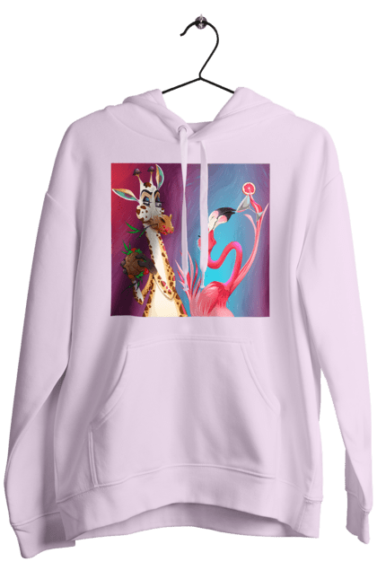 Men`s hoodie with prints Giraffe And Flamingo At The Party. Cocktail, flamingo, food, giraffe. 2070702