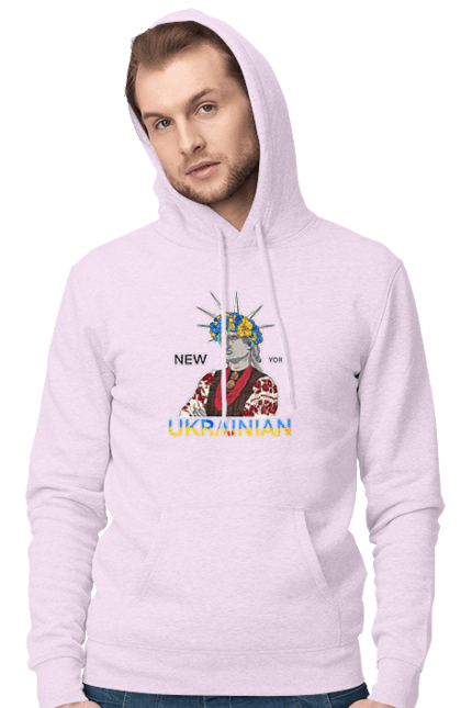 Men`s hoodie with prints UA & NY. Embroidered shirt, new york, statue of liberty, ukraine, wreath. 2070702