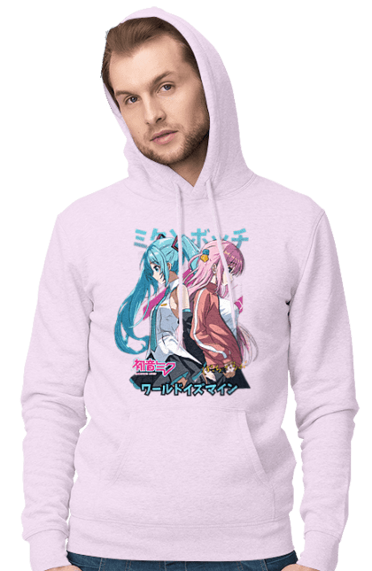 Men's hoodie with prints Hatsune Miku and Hitori Gotou. Anime, bocchi the rock, hatsune miku, hitori goto, hitori gotou, lonely rocker, miku, rocker, vocaloid. 2070702