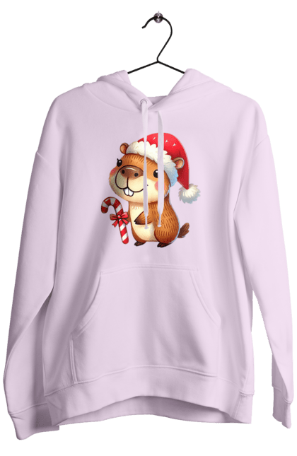 Men's hoodie with prints Capybara with Christmas Candy. Animal, capybara, christmas, christmas capybara, gift, holiday, lollipop, new year, new year`s gift, santa. 2070702