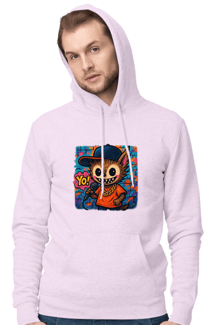 Чоловіче худі з принтом "Лабубу". Бейсболка, вуличне мистецтво, графіті, золотийланцюг, лабубу, мікрофон, міський стиль, репатмосфера, хіпхоп, яскраво. 2070702