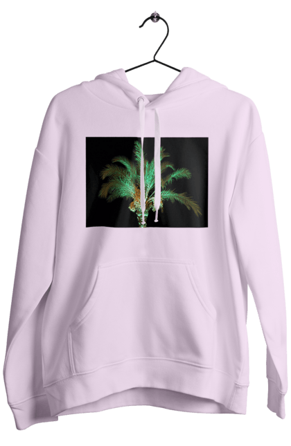 Men`s hoodie with prints Date Palm At Night. Adventure, black, coast, date, green, island, night, oasis, ocean, palm, recreation, sea, sky, south, travel, tropics, vacation. 2070702