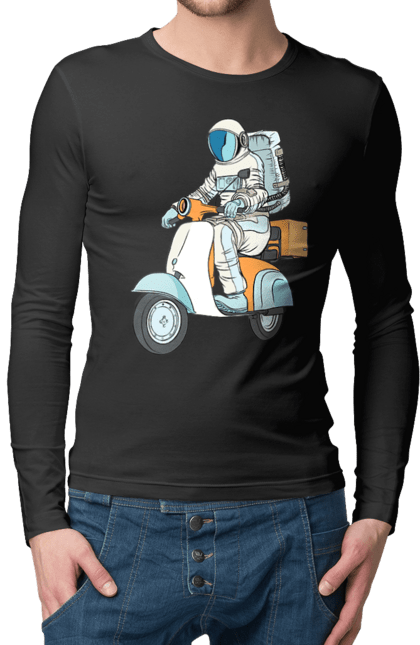 Чоловічий лонгслів з принтом "Космонавт на мотоциклі". Космонавт, космос, мотоцикл. 2070702