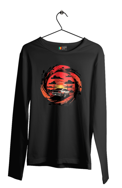 Чоловічий лонгслів з принтом "Феррарі на заході сонця". Авто, автомобіль, машини, феррарі. 2070702