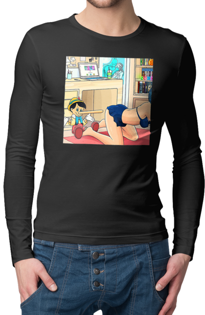 Чоловічий лонгслів з принтом "Буратіно У Дорослій Казці". Бетмен, буратіно, гола, поцілунок, прикол. 2070702