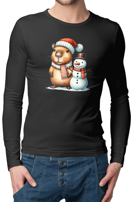 Men's longsleeve with prints Capybara and Snowman. Animal, capybara, christmas, christmas capybara, gift, holiday, new year, new year`s gift, santa, snowman. 2070702