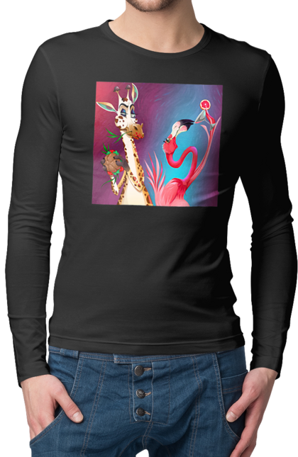 Men`s longsleeve with prints Giraffe And Flamingo At The Party. Cocktail, flamingo, food, giraffe. 2070702