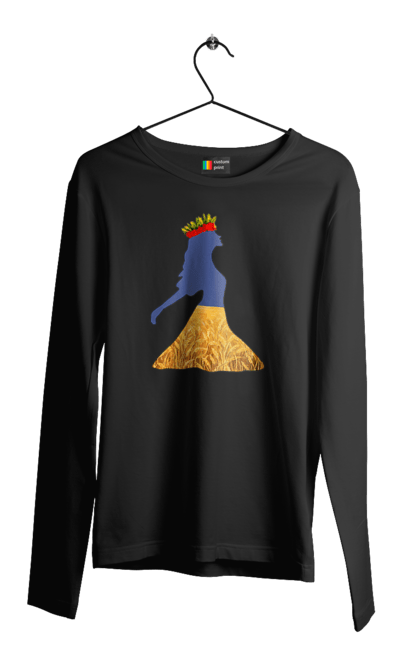 Чоловічий лонгслів з принтом "Україна". Вінок, дівчина, дівчинка, жовтий синій, жовто-блакитне, маки, національні кольори, небо, пшеничне поле. 2070702