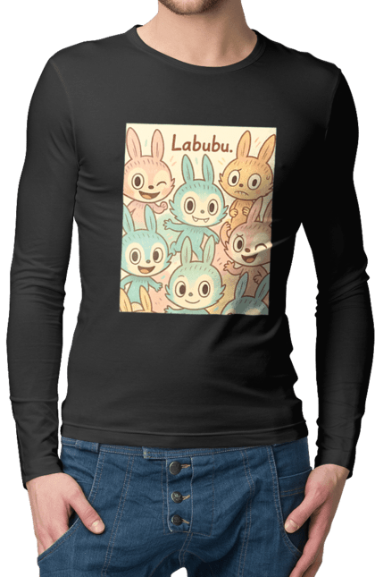 Чоловічий лонгслів з принтом "Лабубу". Безтурботно, грайливо, дизайнперсонажу, каваї, лабубу, милі мистецтво, ніжні відтінки, пастельніквіти, стиль мультфільму, чарівно. 2070702
