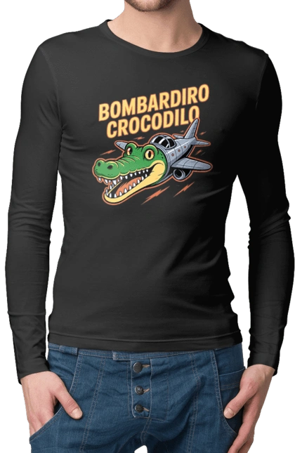 Чоловічий лонгслів з принтом "Bombardino Crocodilo". Bombardino, bombardino crocodilo, crocodilo, бомбардиро крокодило, бомбардіно крокоділо, крокодил, крокодил літак, крокодил мем, мем бомбардине крокодило, меми. 2070702