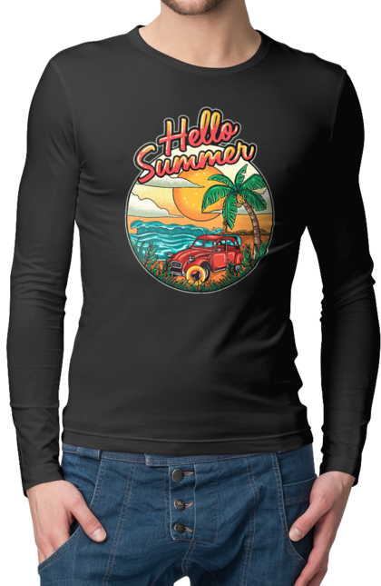 Чоловічий лонгслів з принтом "Привіт Літо, Машина Біля Моря". Літо, машина, острів, пальма, пляж. 2070702