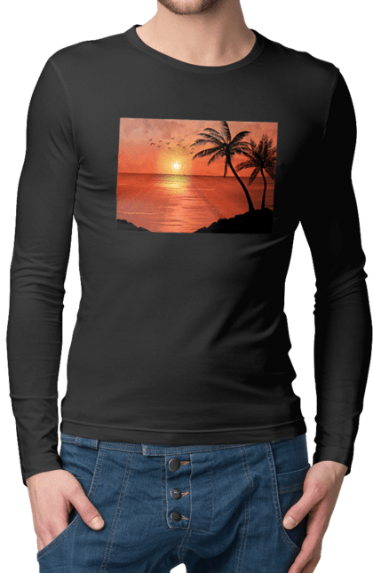 Чоловічий лонгслів з принтом "Захід Пальми Море". Берег, захід, море, пальми. 2070702