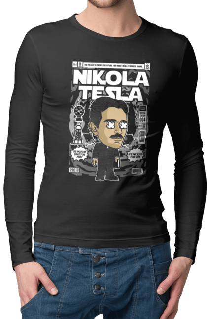Чоловічій лонгслів з принтом "Nikola Tesla". Електро, микола, микола тесла, науковець, тесла. Funkotee