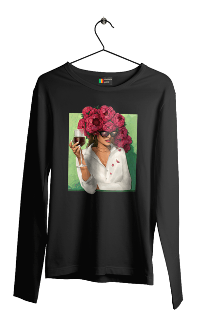 Чоловічий лонгслів з принтом "Дівчина з півоніями та келихом". Вино, дівчина, квітка, келих, літо, окуляри, півонії, сорочка. 2070702