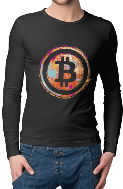 Чоловічий лонгслів з принтом "Біткоїн". Биткоин, бінарний, біткоїн, біткойн, валюта, гроші, крипто, програміст, хакер. 2070702
