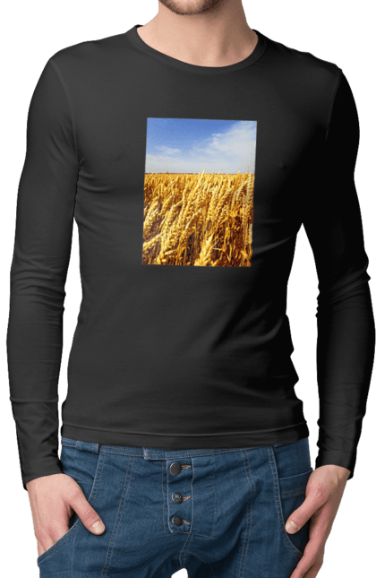 Чоловічий лонгслів з принтом "Україна". Голубизна, красота, небо, поле, природа, пшеница. 2070702
