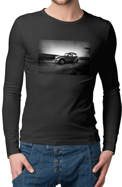 Чоловічий лонгслів з принтом "Ретро машина чб". Авто, ретро, ретро машина, чорно біла машина. 2070702