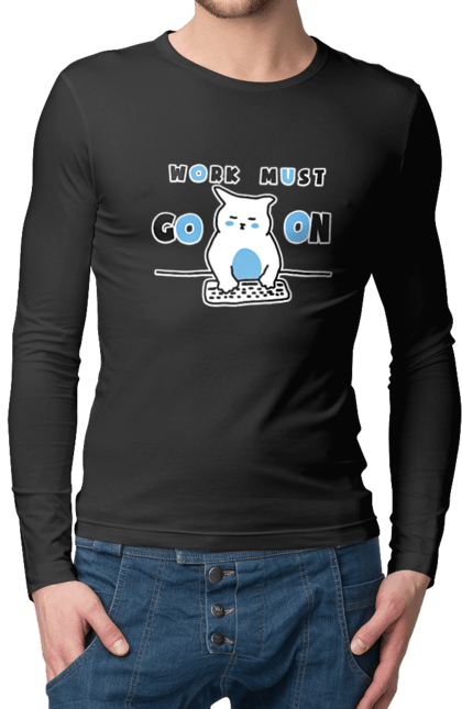 Чоловічий лонгслів з принтом "Робота не вовк". Айті, кіт, коти, котики, робота. 2070702