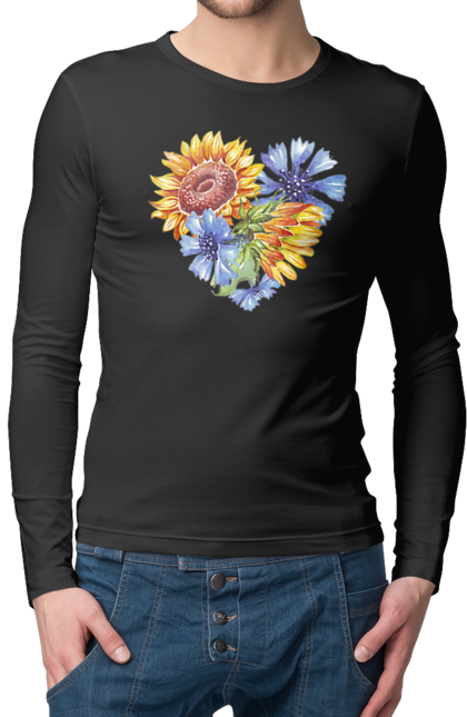 Чоловічий лонгслів з принтом "Серце соняшники та фіалки". Квіти, люблю україну, любов, серце, соняшник, україна, фіалки. 2070702