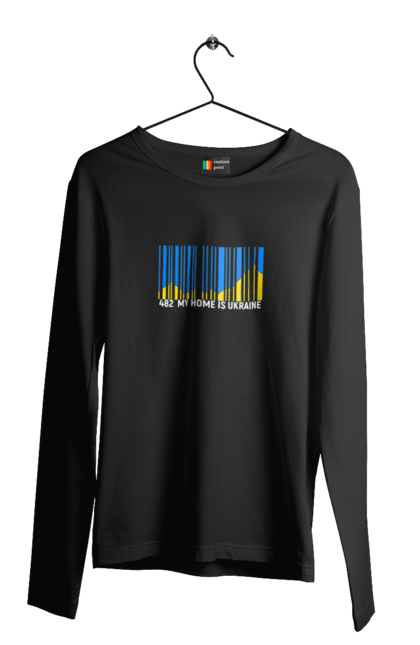 Чоловічий лонгслів з принтом "Мій дім це  Україна". Батьківщина, гори, державний знак, мій дім, моя держава, синє небо, україна, штрих код. 2070702