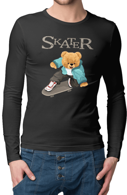 Чоловічій лонгслів з принтом "Ведмедик на скейті". Ведмедик, ведмедик на скейті, ведмідь, відпочинок, розваги, скейт, скейтбоард, тварини. CustomPrint.market