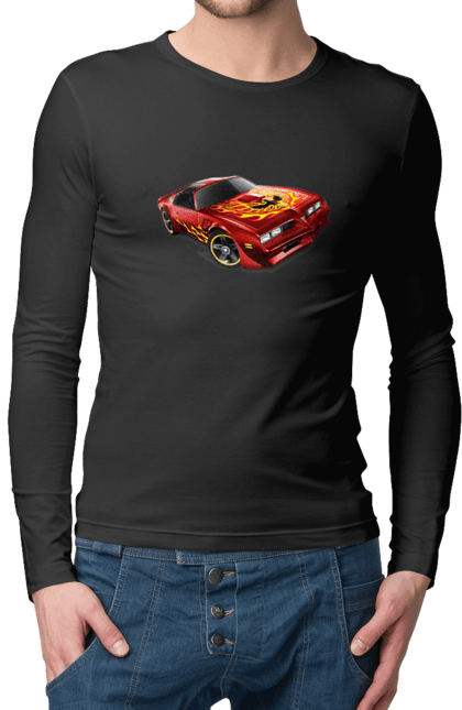 Чоловічий лонгслів з принтом "Машина червона, швидкісна". Їзда, колеса, машина, швидкість. 2070702