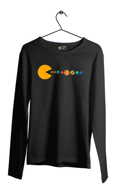 Чоловічий лонгслів з принтом "Pac Man Planets". Atari, namco, pac man, аркадна відеогра, відеогра, комп`ютерна гра, космос, лабіринт, планети, сонячна система. 2070702