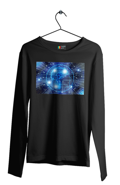 Чоловічий лонгслів з принтом "Штучний інтелект". Айті, айтішник, гік, знання, інженер, інтелект, кібер, кібернетика, кіборг, код, комп, комп`ютерник, кристал, машинне навчання, мікросхема, мозок, портрет, програміст, професіонал, професія, розробник, розум, хакер, чіп, штучний інтелект, штучний розум. 2070702