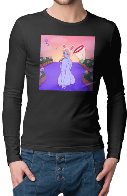 Чоловічий лонгслів з принтом "Фіолетова Дівчина На Полюванні". Гола, дівчина, сачок. 2070702