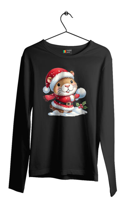 Men's longsleeve with prints Capybara playing snowballs. Animal, capybara, christmas, christmas capybara, game, gift, holiday, new year, santa, snowballs. 2070702