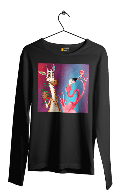 Men`s longsleeve with prints Giraffe And Flamingo At The Party. Cocktail, flamingo, food, giraffe. 2070702