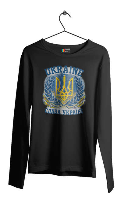 Чоловічий лонгслів з принтом "Слава Україні". Герб україни, героям слава, жовто блакитний, патріотичні, прапор україни, слава україні, тризуб, україна, українська символіка, українські. 2070702