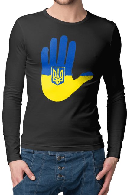 Чоловічій лонгслів з принтом "Долоня українця". Війна, герб україни, долоня українця, патріот, прапор, рука, україна, українець. PrintMarket - інтернет-магазин одягу та аксесуарів з принтами плюс конструктор принтів - створи свій унікальний дизайн