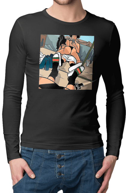 Чоловічий лонгслів з принтом "Голе Селфі У Дзеркалі". Жопа, зверху, селфі. 2070702