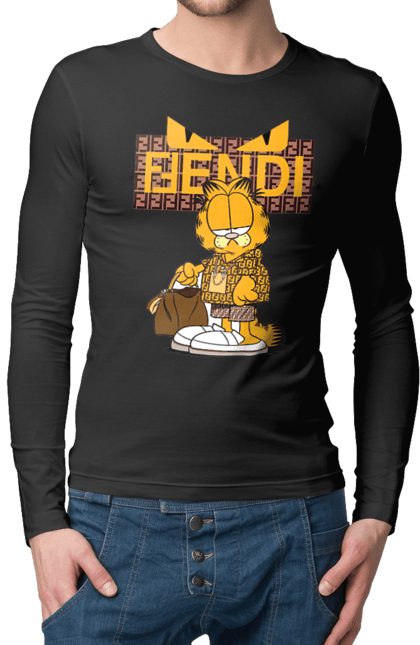 Чоловічій лонгслів з принтом "Fendi Гарфілд". Fendi, garfield, бренд, будинок моди, гарфілд, італія, люкс, мода, сумка, фенді. 2070702