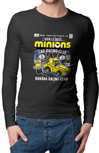 Чоловічій лонгслів з принтом "Minions Banana Racing Car". Банан, гоночний автомобіль, міньйон, міньйони. Funkotee