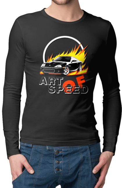 Чоловічий лонгслів з принтом "Автомобіль у вогні". Авто, автомобіль у вогні, гонка, дрейф, спорт, спортивна машина, швидкість. 2070702