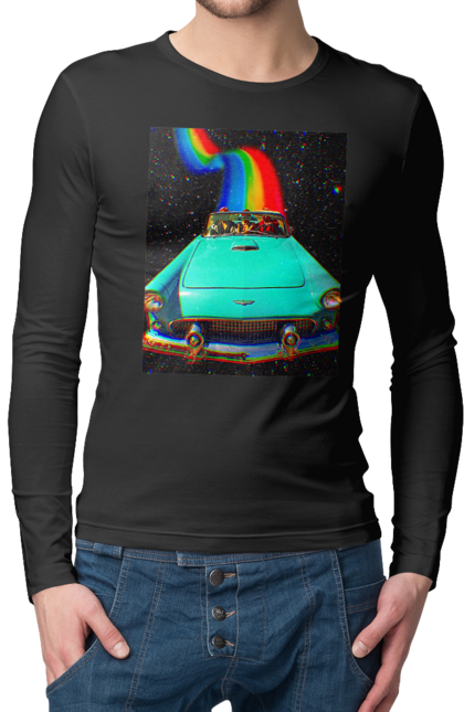 Чоловічий лонгслів з принтом "Картина, машина у космосі". Веселка, картина, космос, машина, подорожі, поїздка, прикол, ретро. 2070702