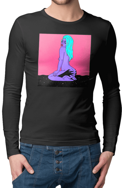 Чоловічий лонгслів з принтом "Фіолетова Дівчина В Руках". Дівчина, інопланетянка, сидить. 2070702