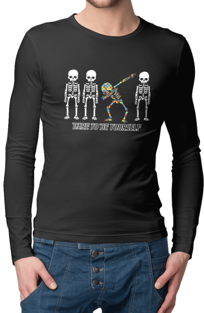 Men's longsleeve with prints Dare to be yourself. Be yourself, creativity, dancing skeleton, individuality, personality, self-expression, skeleton. 2070702