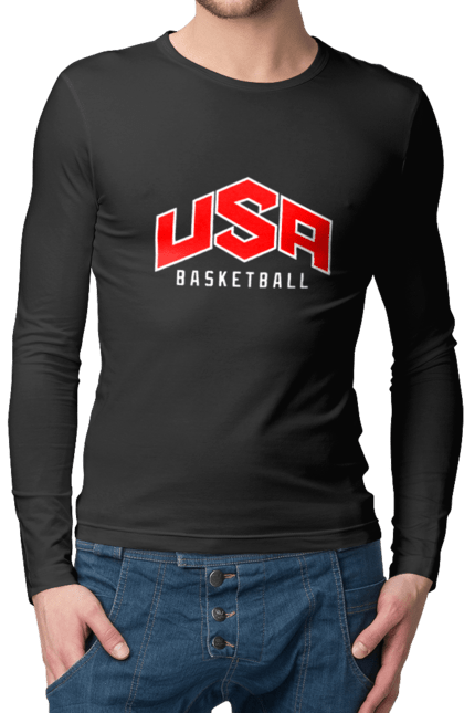 Мужской лонгслив с принтом Баскетбол США. Basketball, usa, usa basketball, баскетбол, команда, спорт, спортивная команда, сша. 2070702