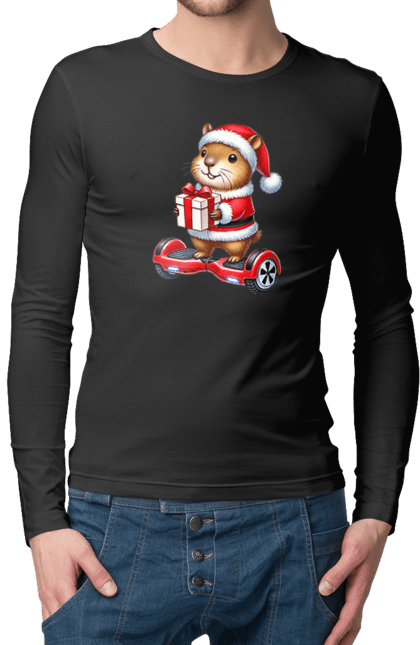 Men's longsleeve with prints Christmas Capybara with a Gift. Animal, capybara, christmas, christmas capybara, gift, holiday, new year, new year`s gift, santa. 2070702