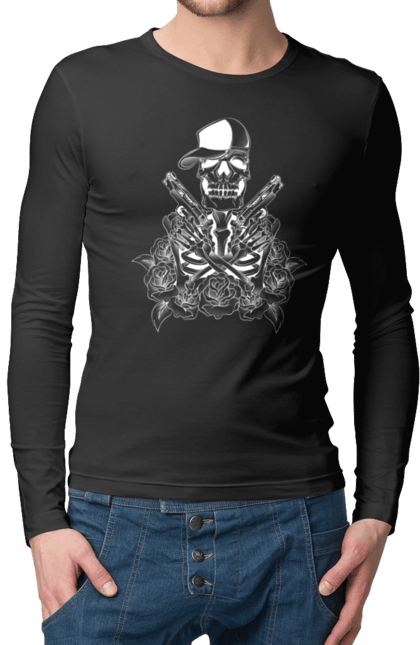 Men's longsleeve with prints Skeleton with pistols. Black and white, bones, cap, gun, roses, scull, skeleton, teeth. 2070702